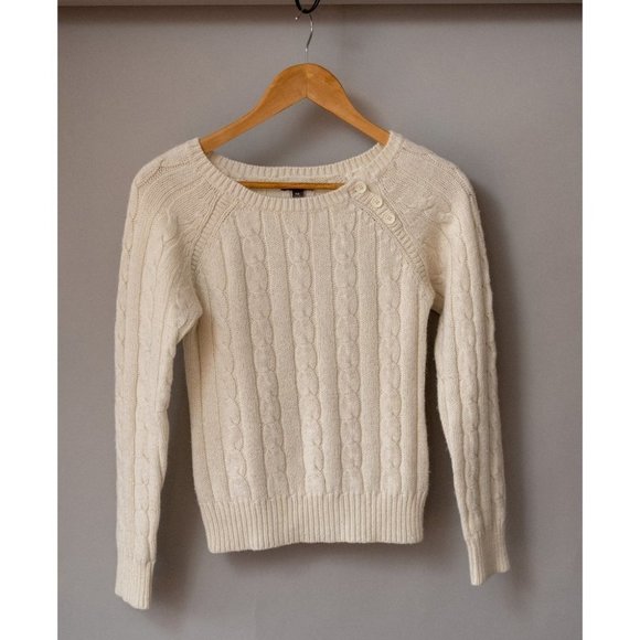 Jacob Sweaters - Jacob Off White Crew Neck Cable knit wool blend sweater with buttons |  Small